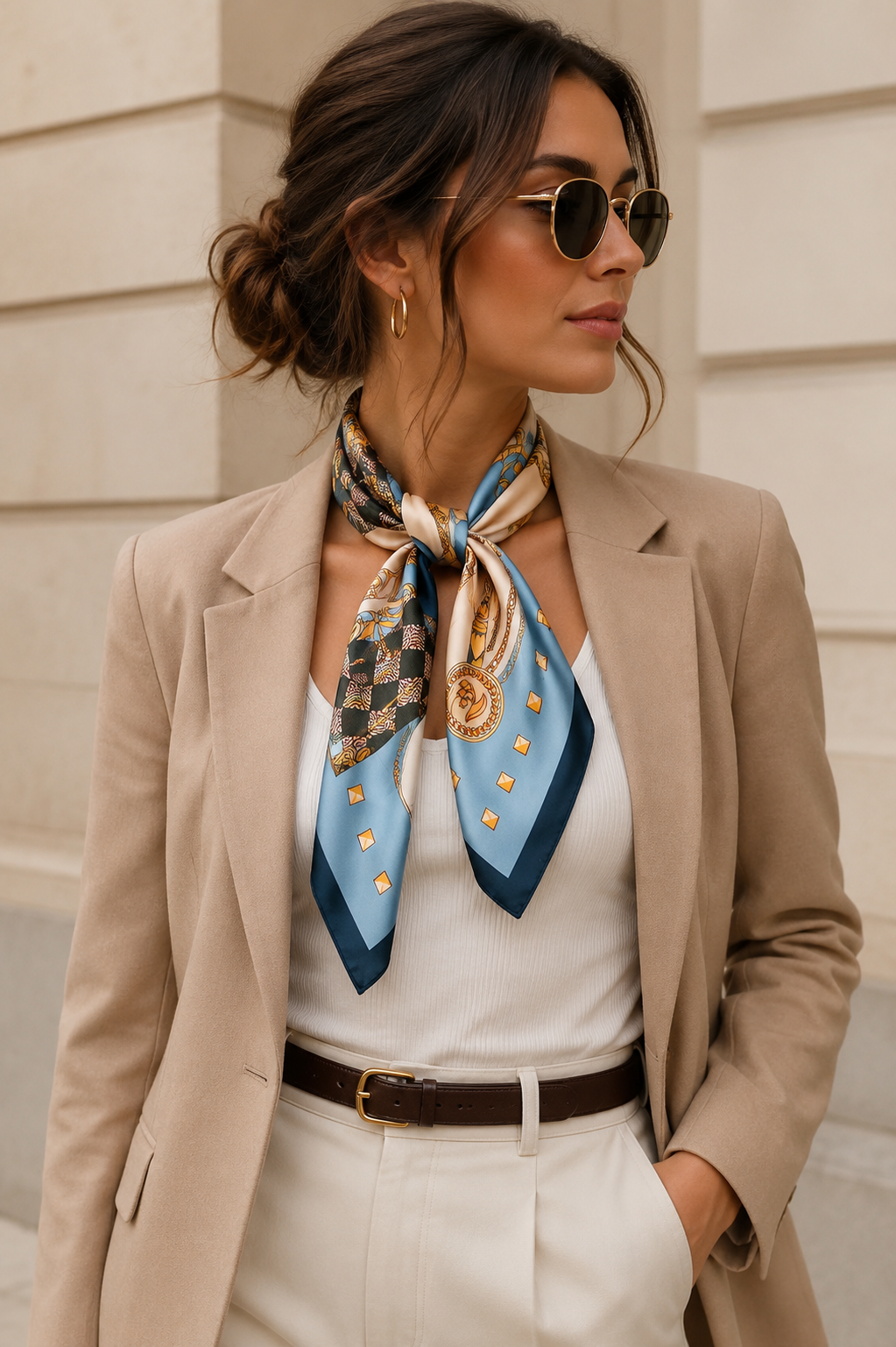Foulard donna fatto a mano in raso satinato con stampa elegante