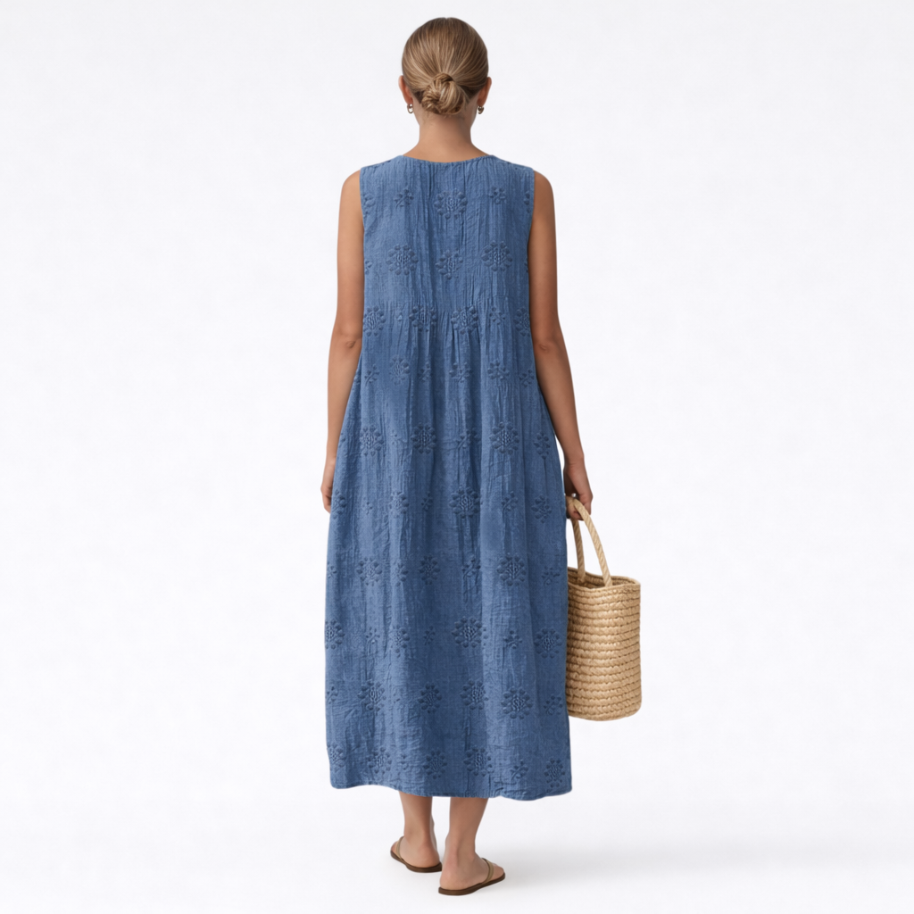 Abito midi donna in cotone viscosa con ricamo traforato