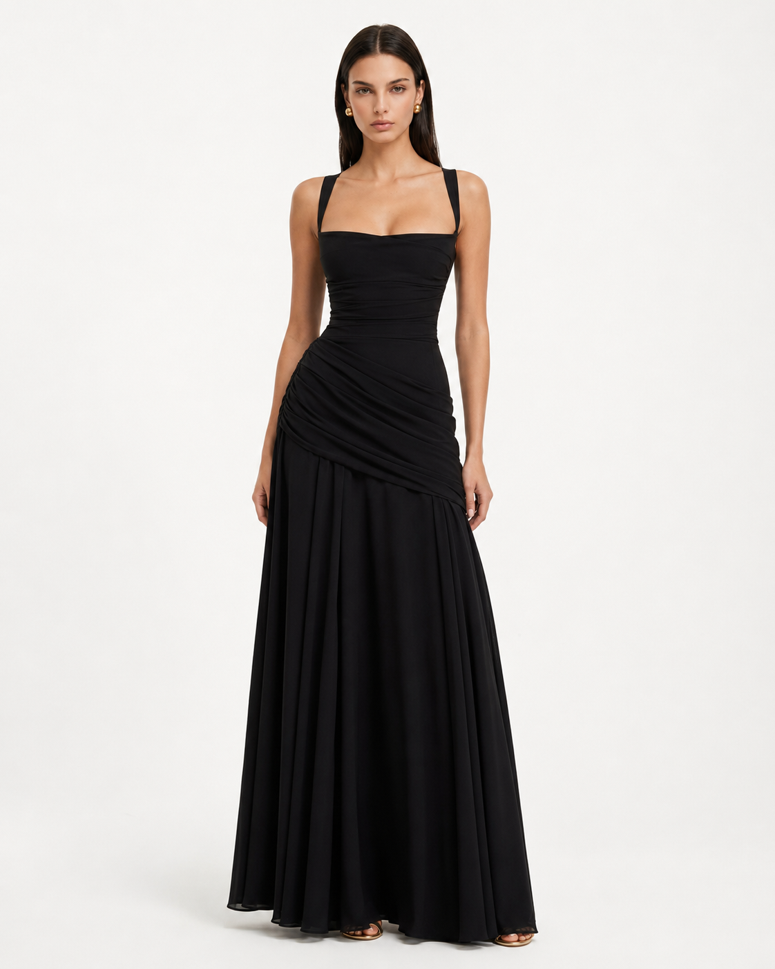 Abito maxi donna elegante con scollo quadrato e drappeggio