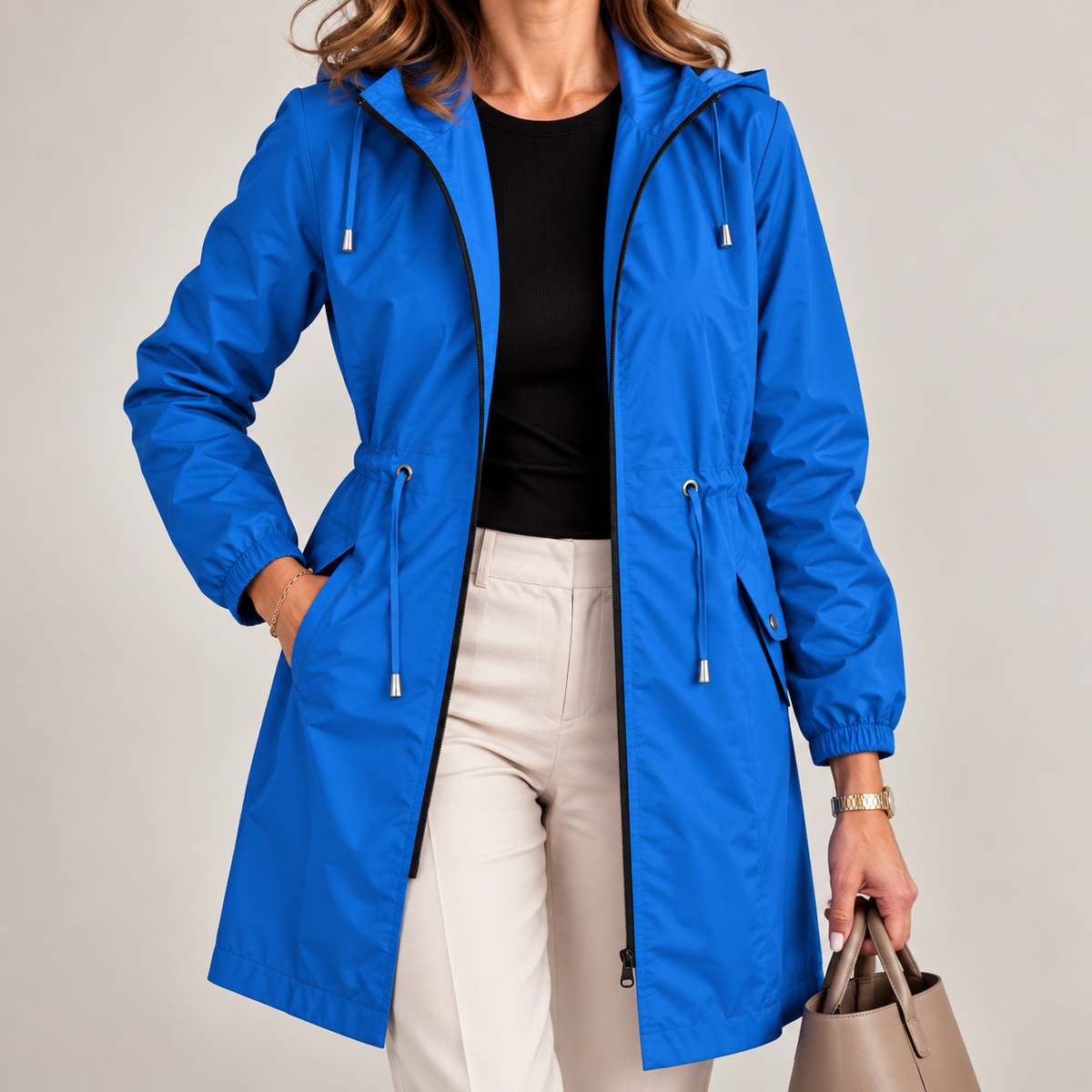 Parka donna impermeabile con cappuccio e vita regolabile