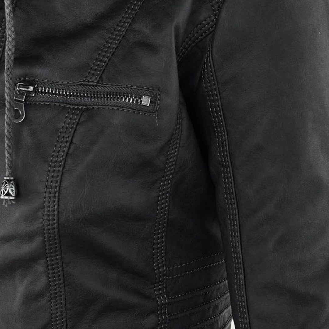 Giacca donna con cappuccio, zip e dettagli stile biker