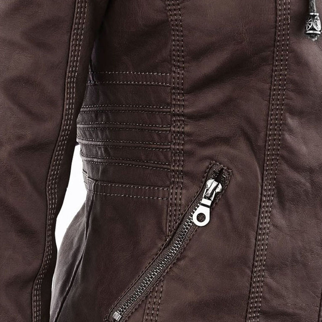 Giacca donna con cappuccio, zip e dettagli stile biker