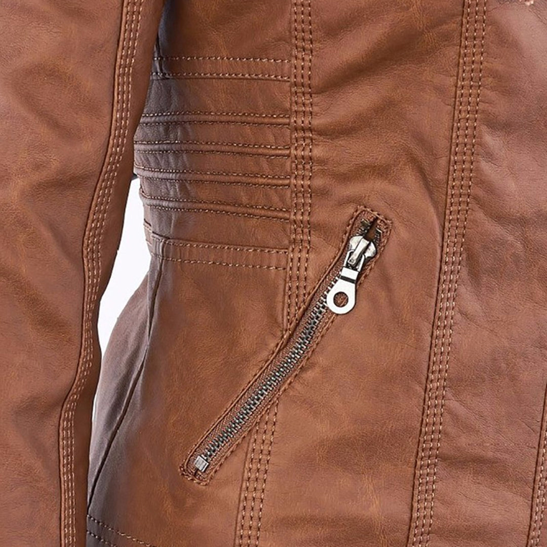 Giacca donna con cappuccio, zip e dettagli stile biker