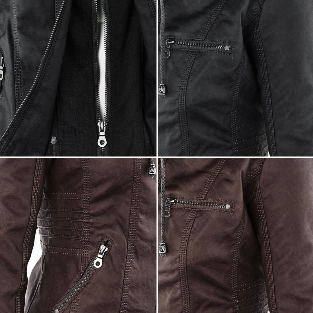 Giacca donna con cappuccio, zip e dettagli stile biker