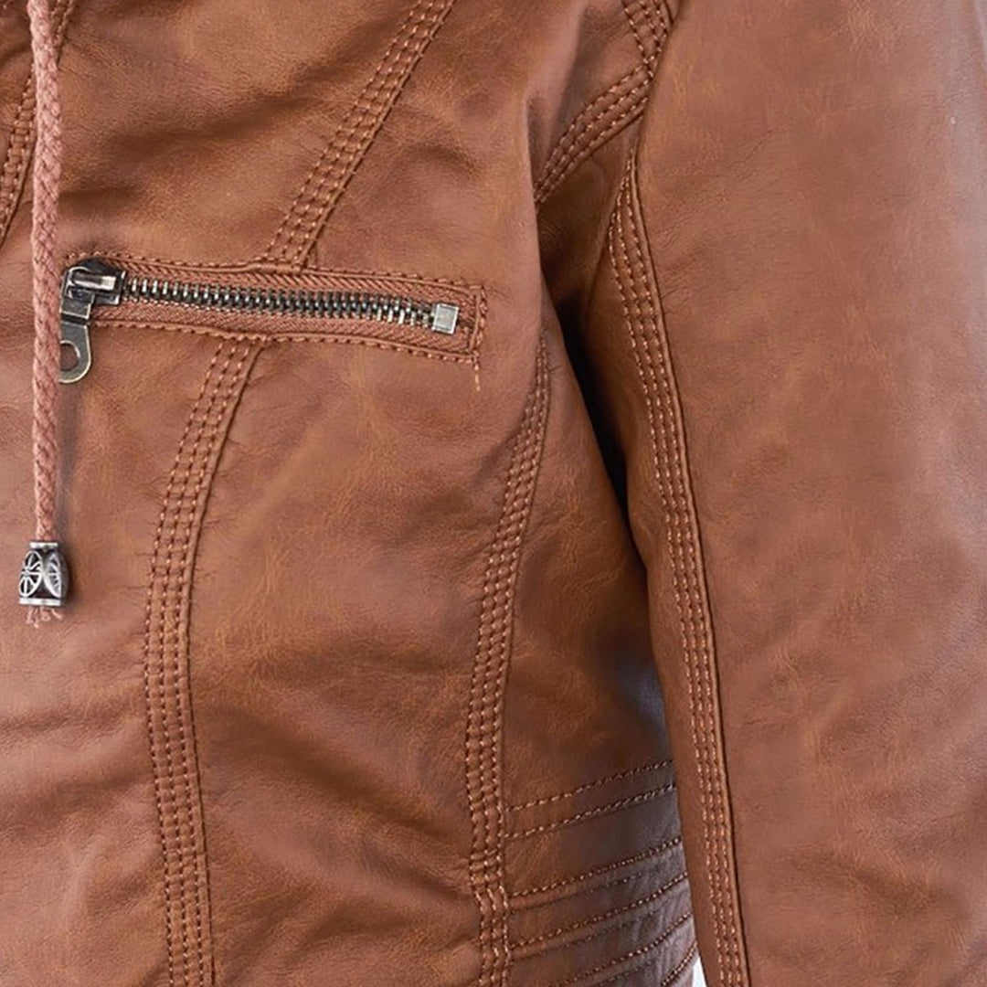 Giacca donna con cappuccio, zip e dettagli stile biker