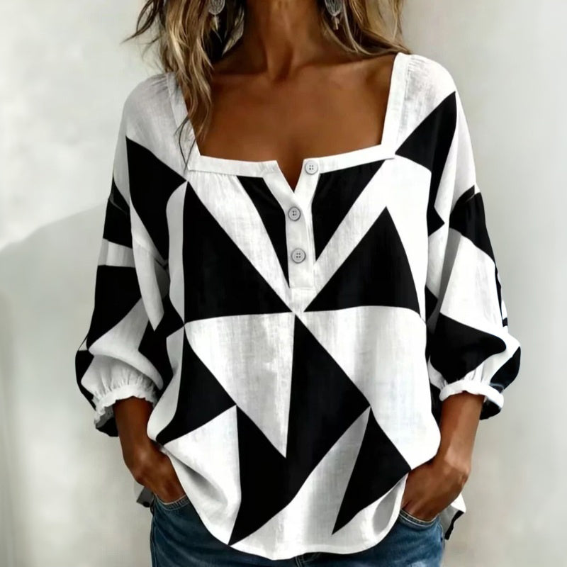 Blusa donna geometrica con scollo quadrato e bottoni