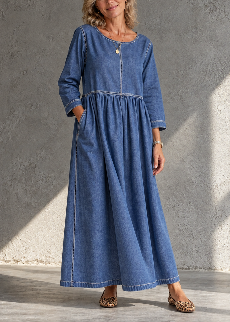 Abito lungo donna effetto denim con cuciture a contrasto e tasche