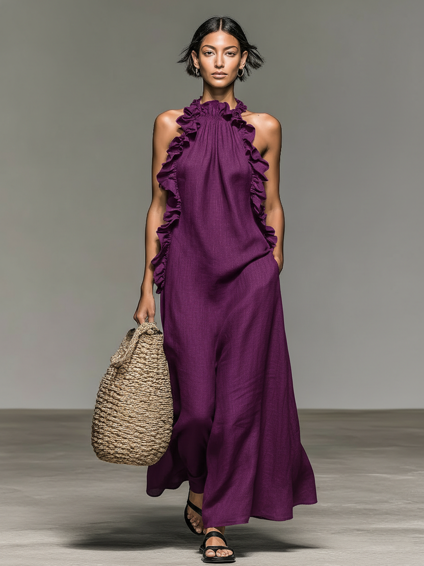 Abito maxi donna senza maniche con volant e tasche