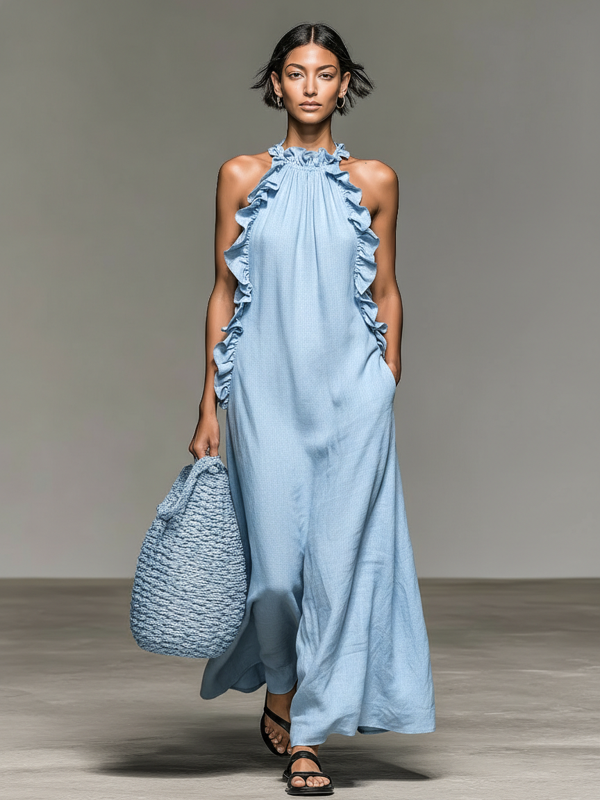 Abito maxi donna senza maniche con volant e tasche