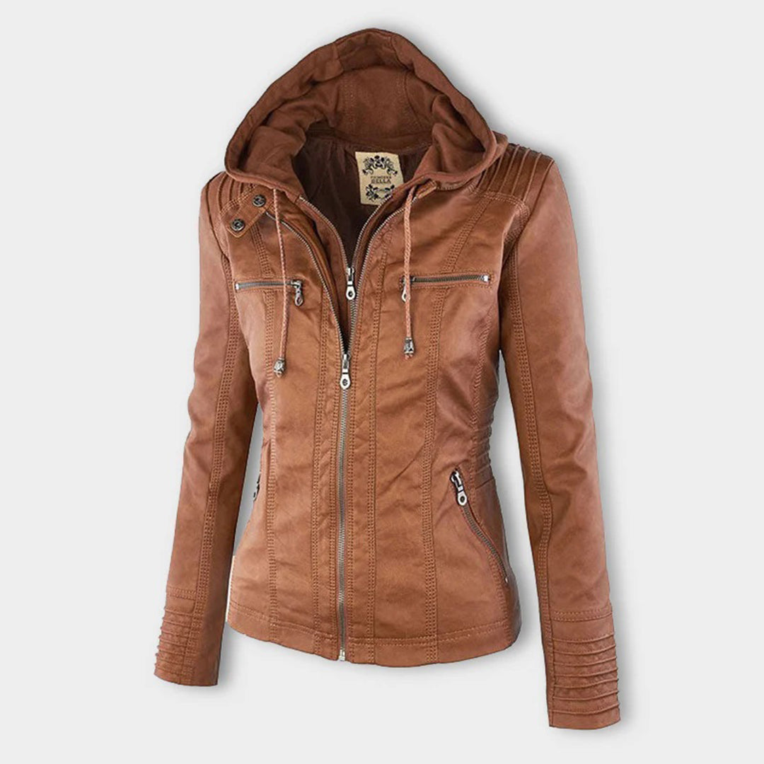 Giacca donna con cappuccio, zip e dettagli stile biker