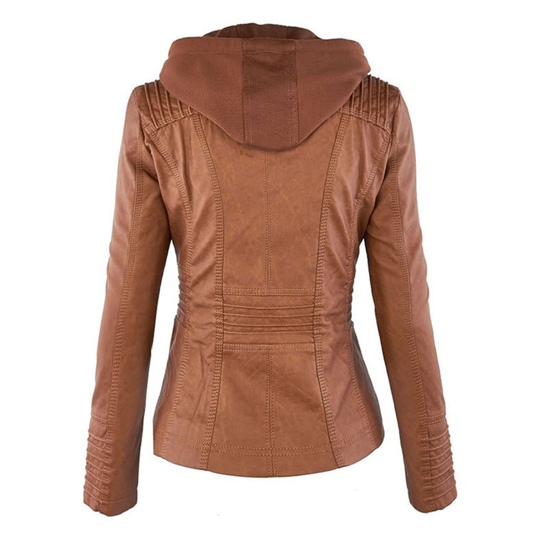 Giacca donna con cappuccio, zip e dettagli stile biker