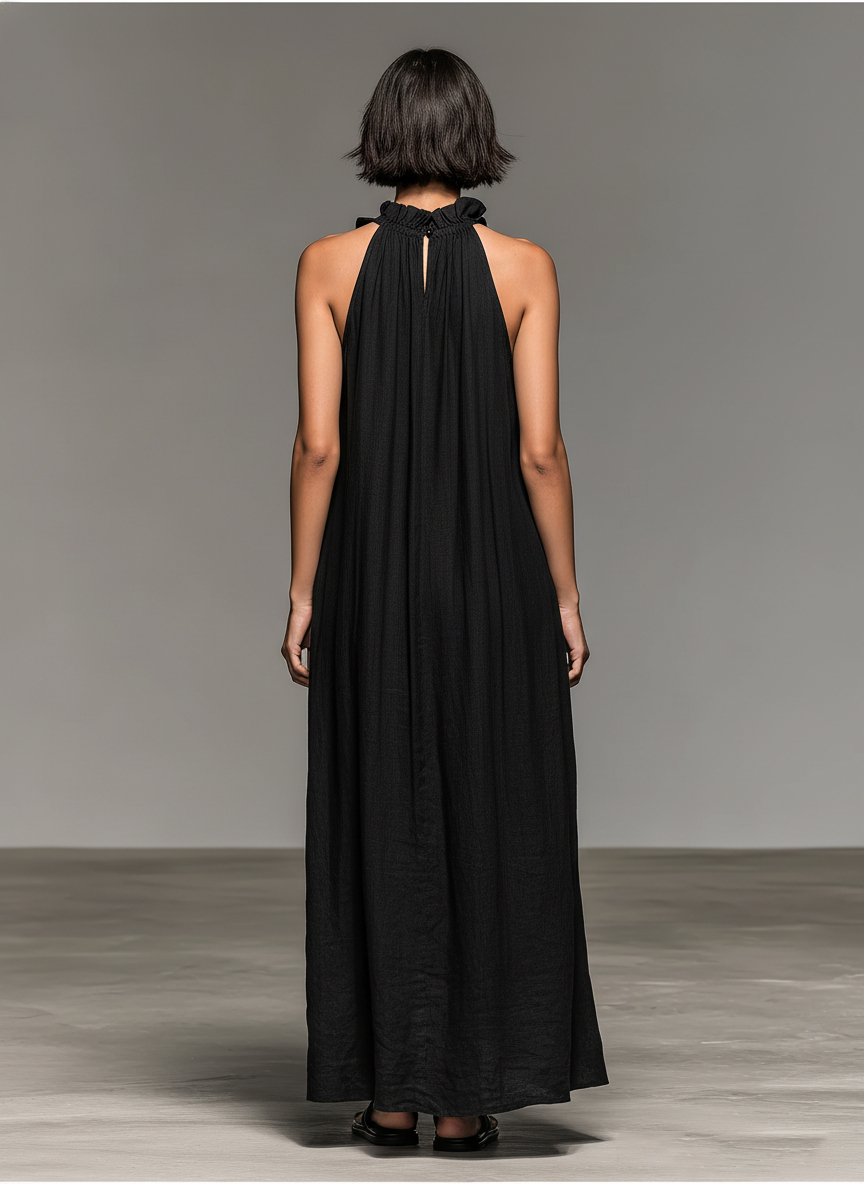 Abito maxi donna senza maniche con volant e tasche