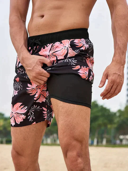 Shorts mare uomo 2 in 1 con compressione interna