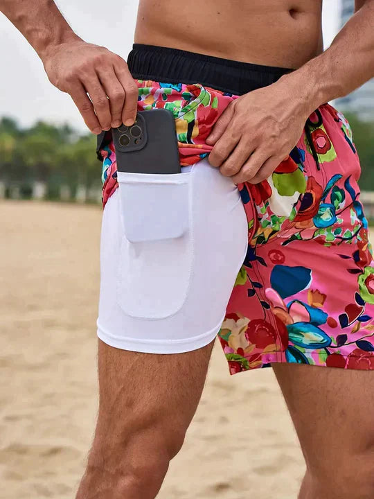 Shorts mare uomo 2 in 1 con compressione interna