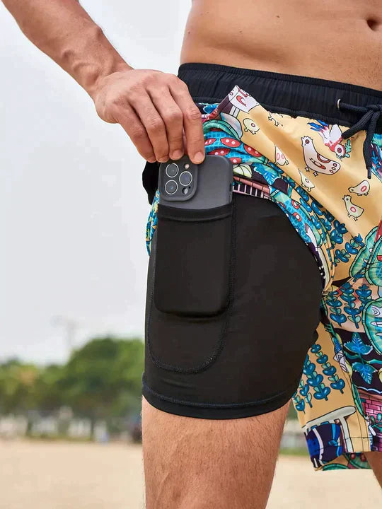 Shorts mare uomo 2 in 1 con compressione interna