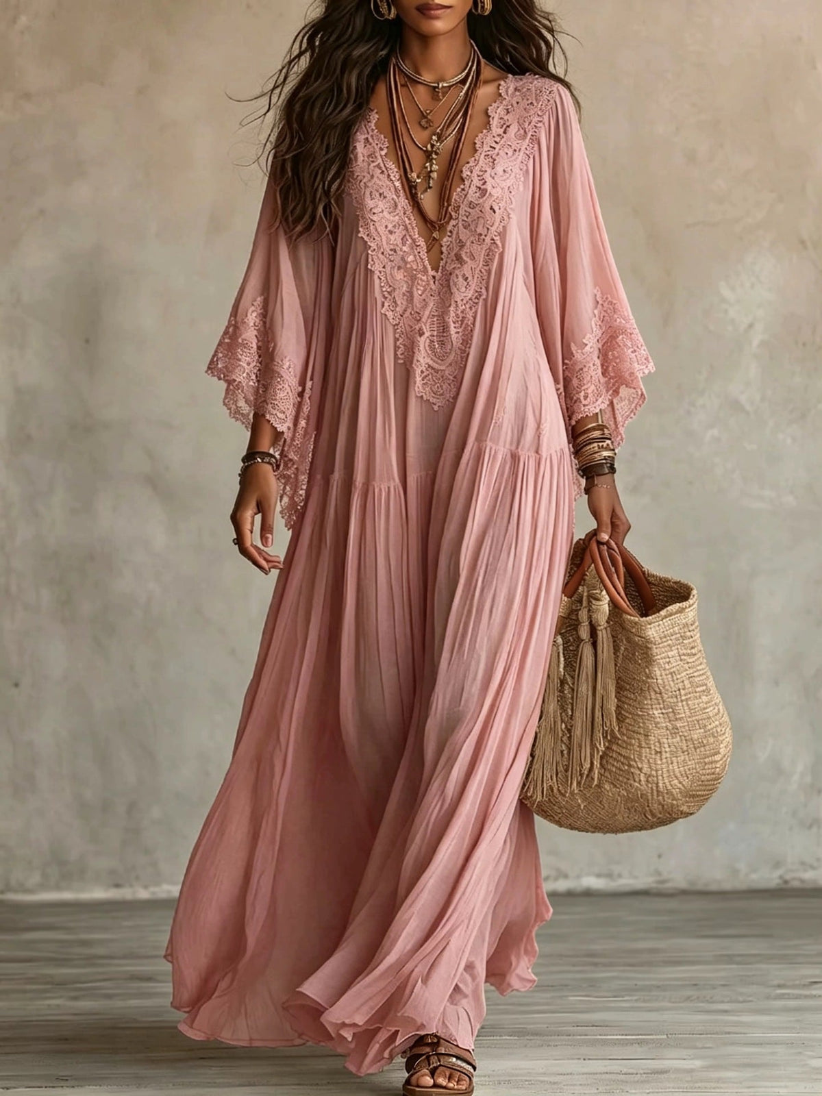 Abito maxi donna boho con scollo a V e dettagli in pizzo