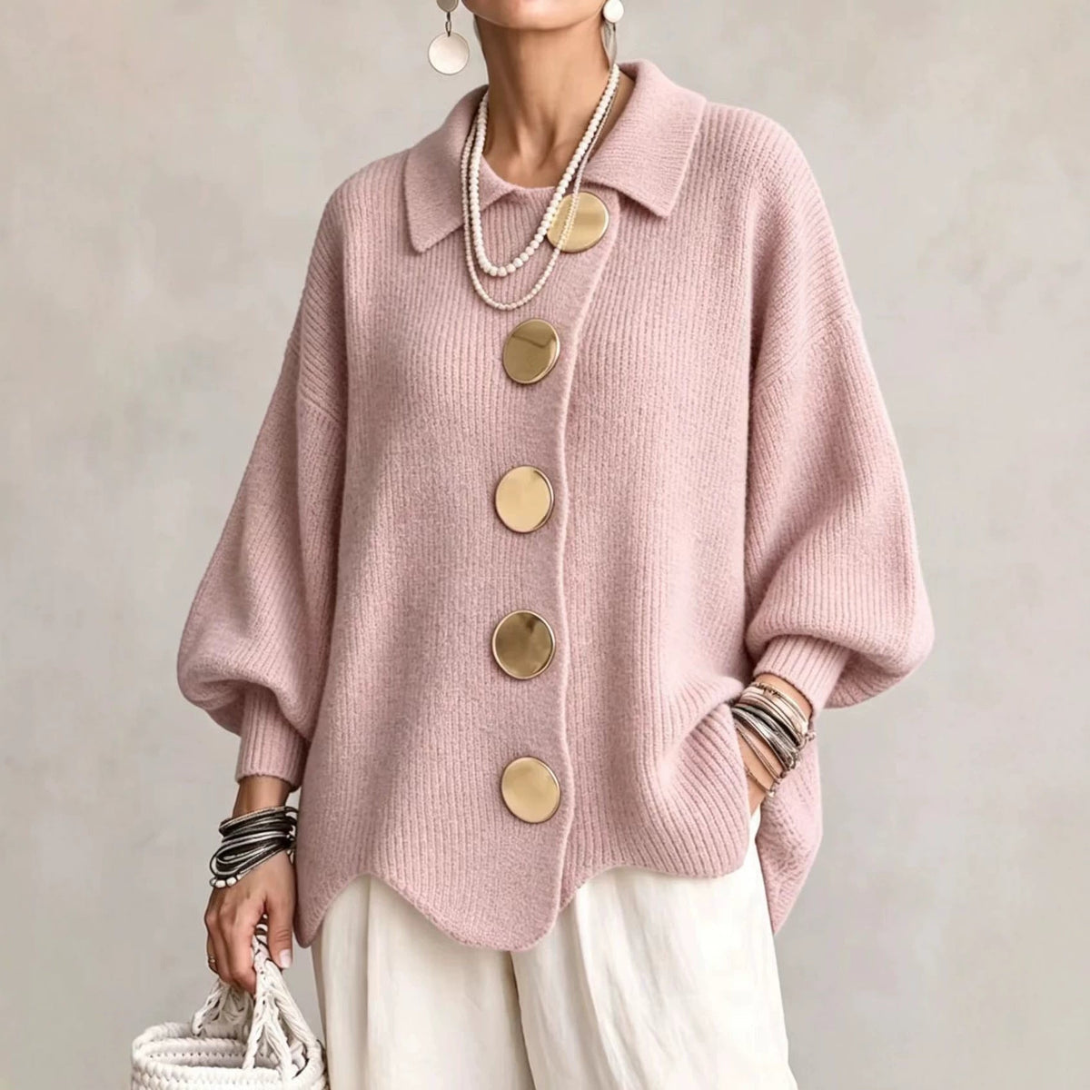 Cardigan donna oversize in poliestere con bottoni grandi