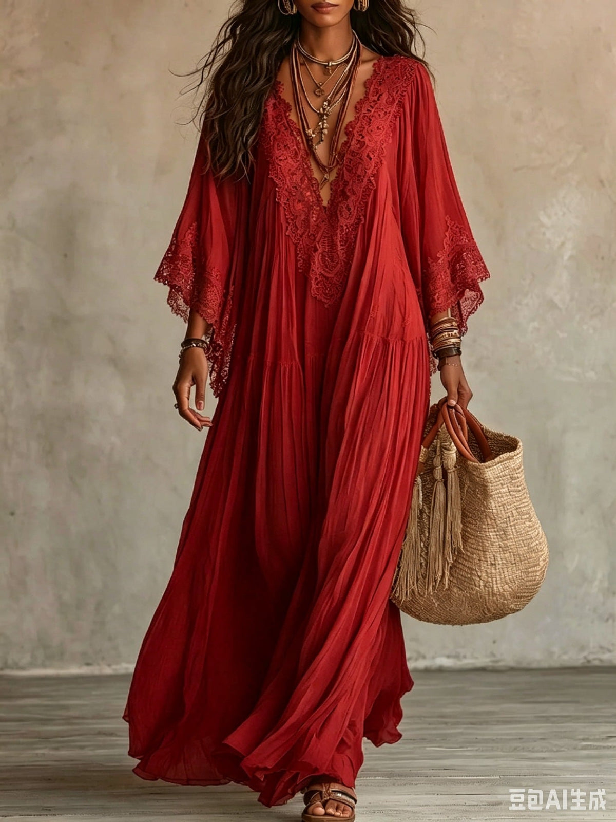 Abito maxi donna boho con scollo a V e dettagli in pizzo