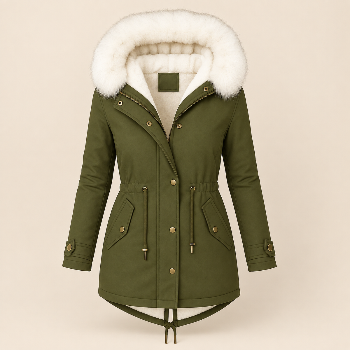 Parka lunga donna in poliestere con cappuccio e vita regolabile