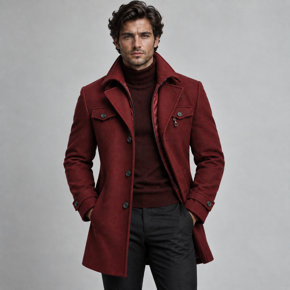 Cappotto uomo in lana con colletto alto e fodera trapuntata