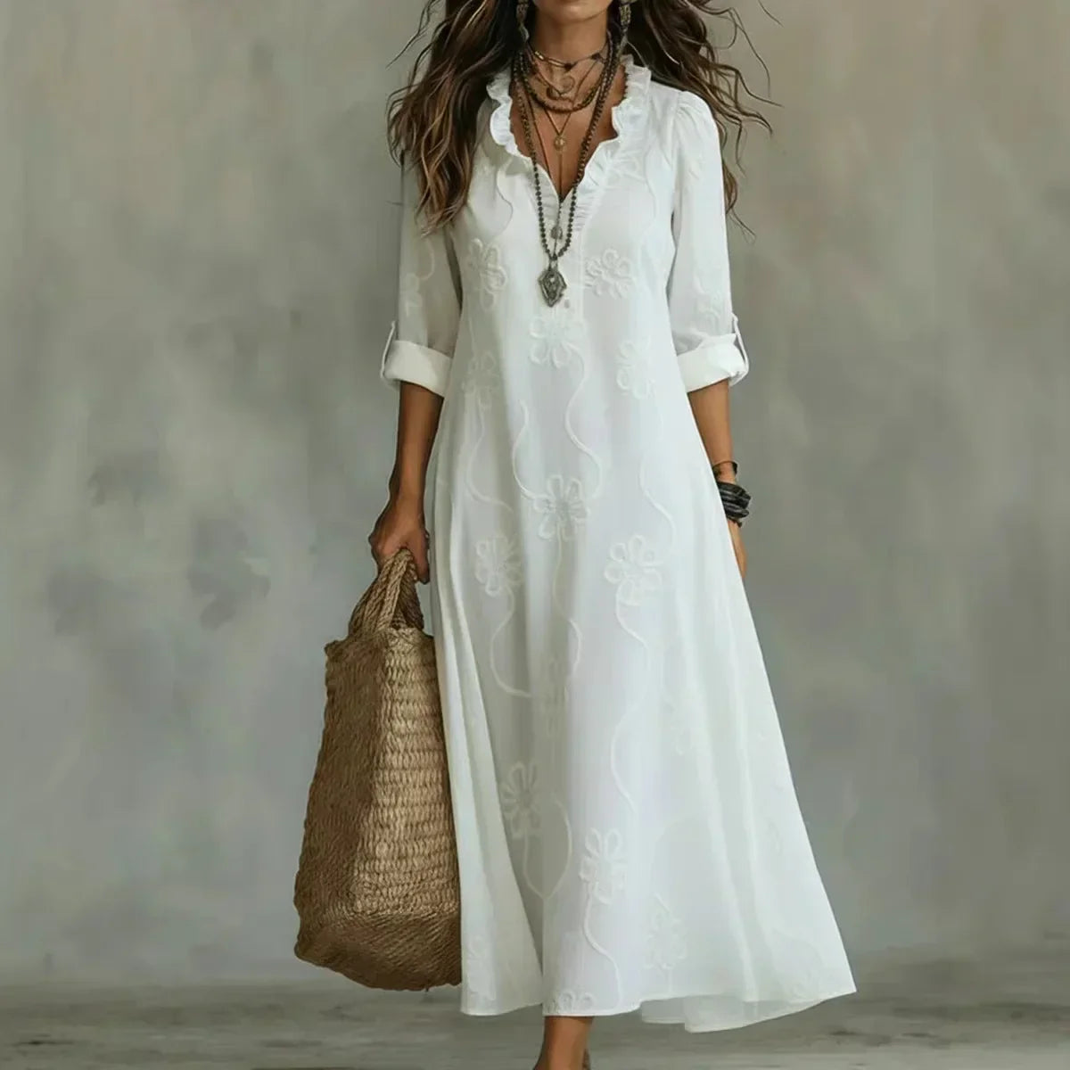 Abito lungo boho donna con ricamo floreale e scollo a V