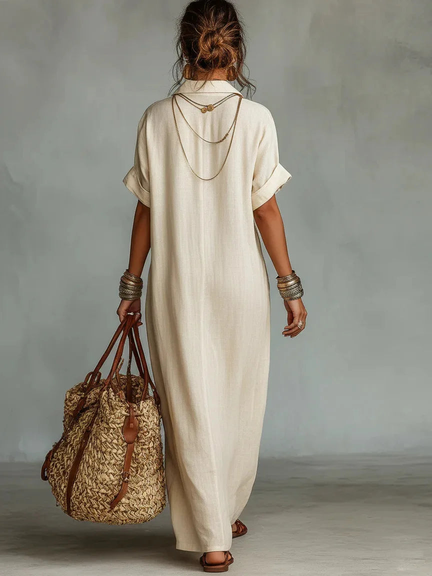Abito lungo donna boho con ricamo al collo e tasche