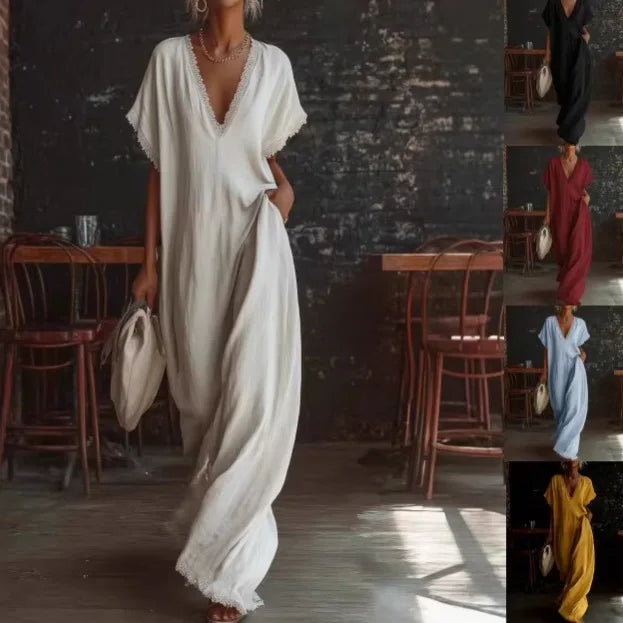 Abito lungo donna con scollo a V e dettagli in pizzo