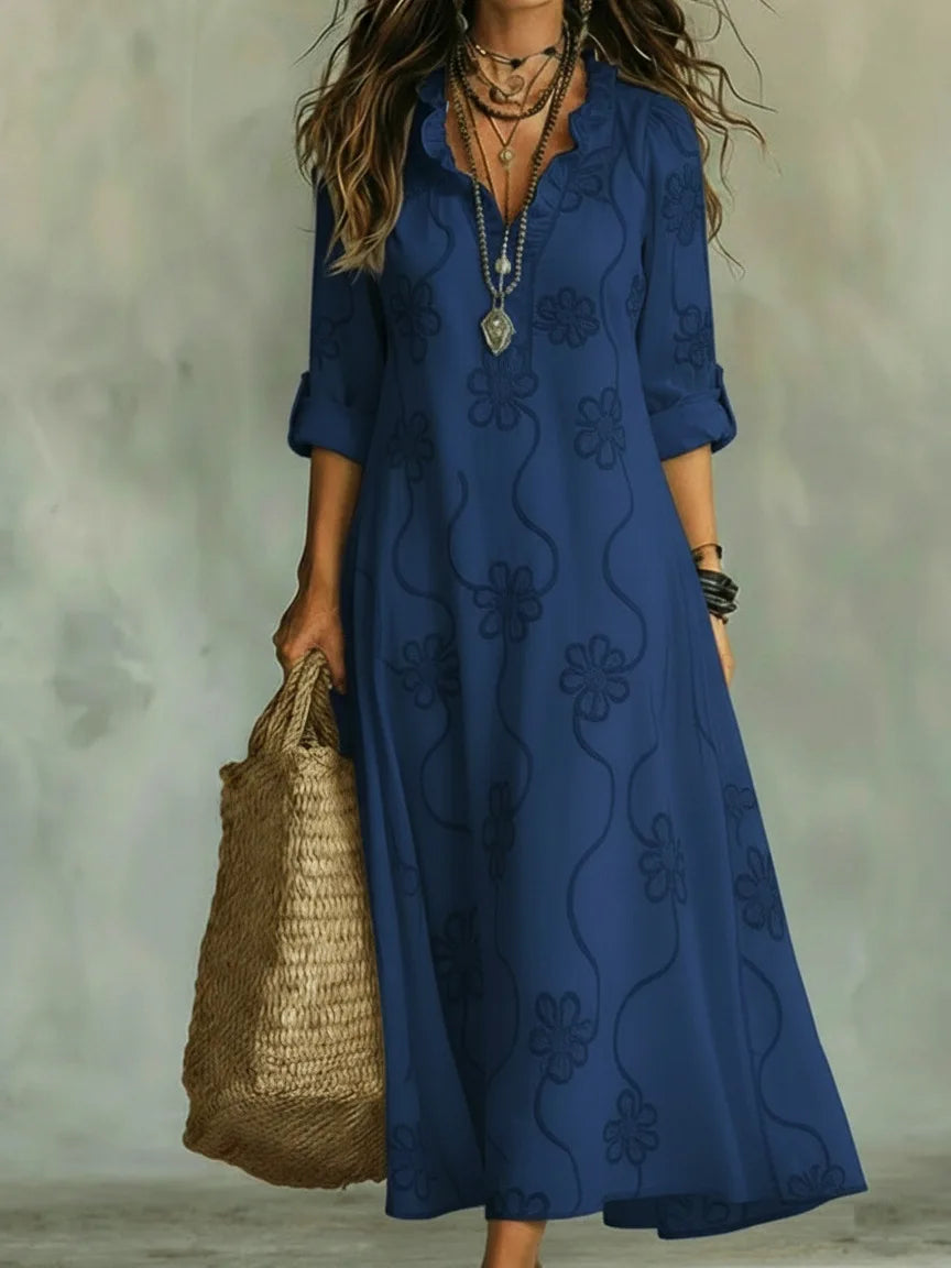 Abito lungo boho donna con ricamo floreale e scollo a V