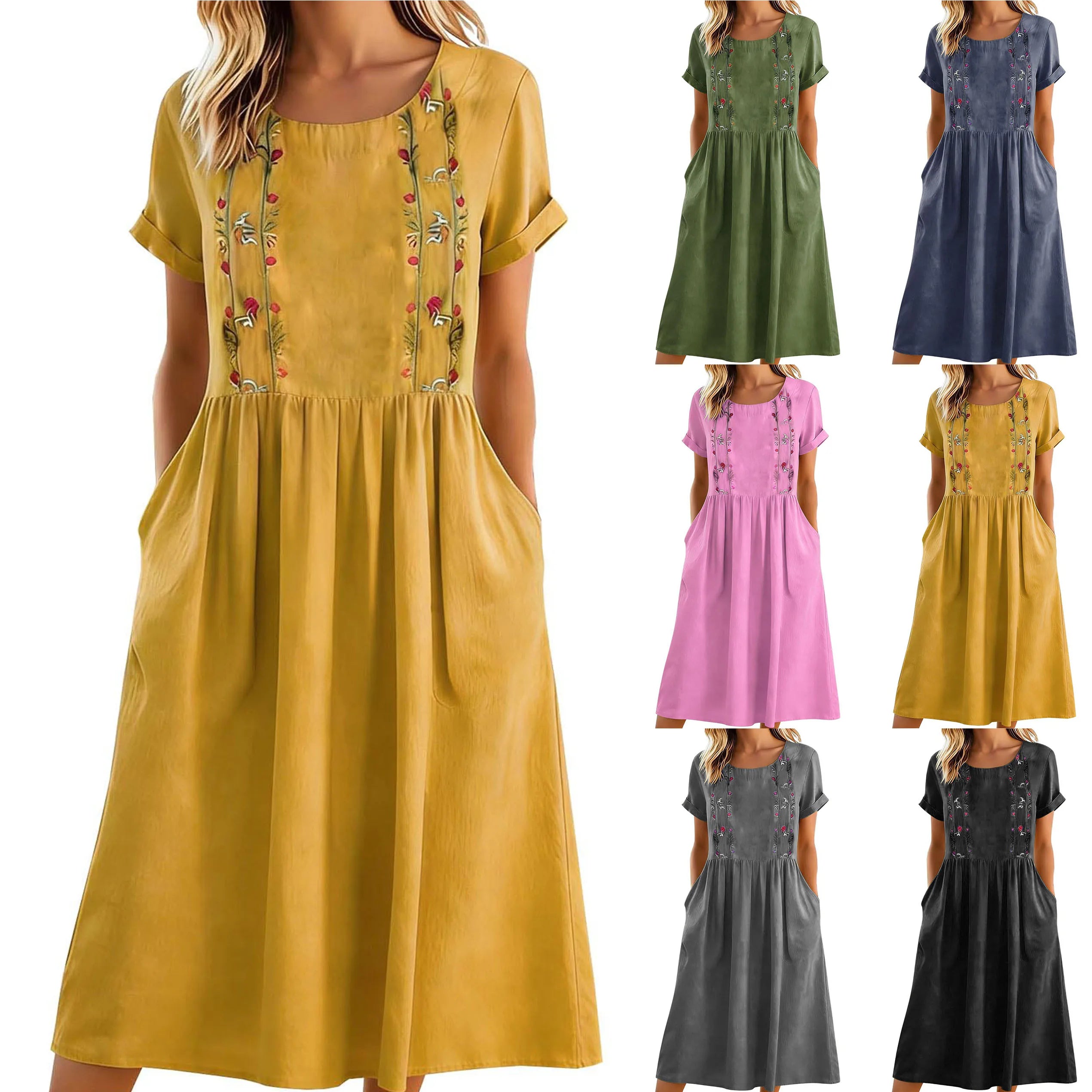 Abito midi donna con ricamo floreale e tasche laterali