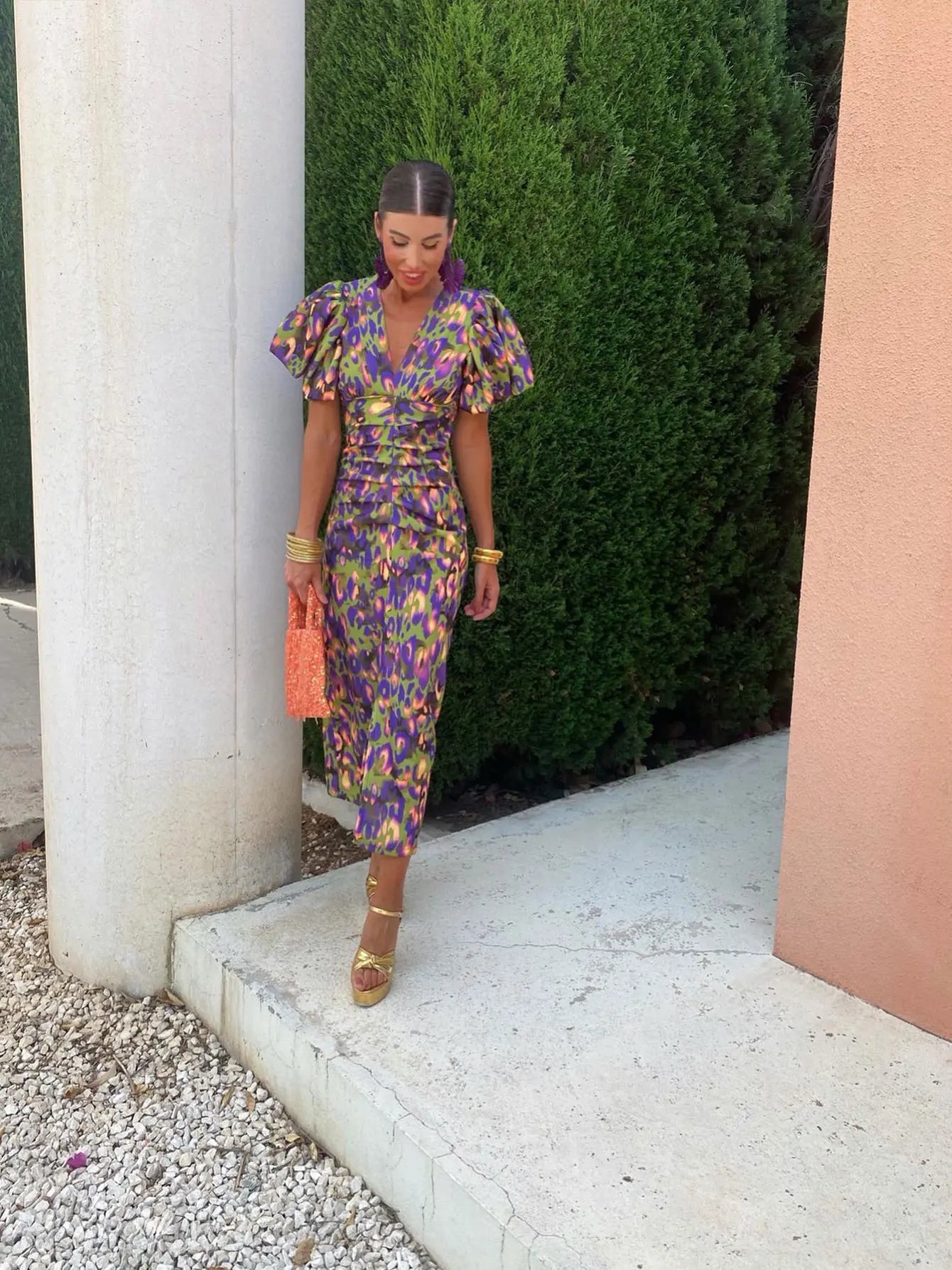 Vestito Donna Scollo a V con Maniche a Sbuffo – Abito Primavera Estate