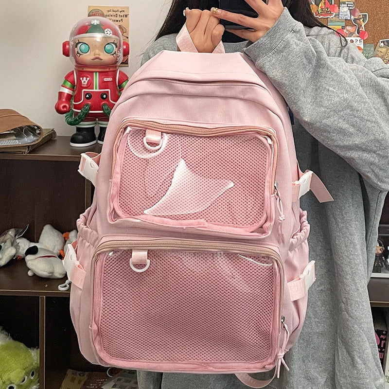 Zaino scuola ragazza Ita Bag rosa con tasche trasparenti, cartella, borsa scuola, zaino capiente grande capacità