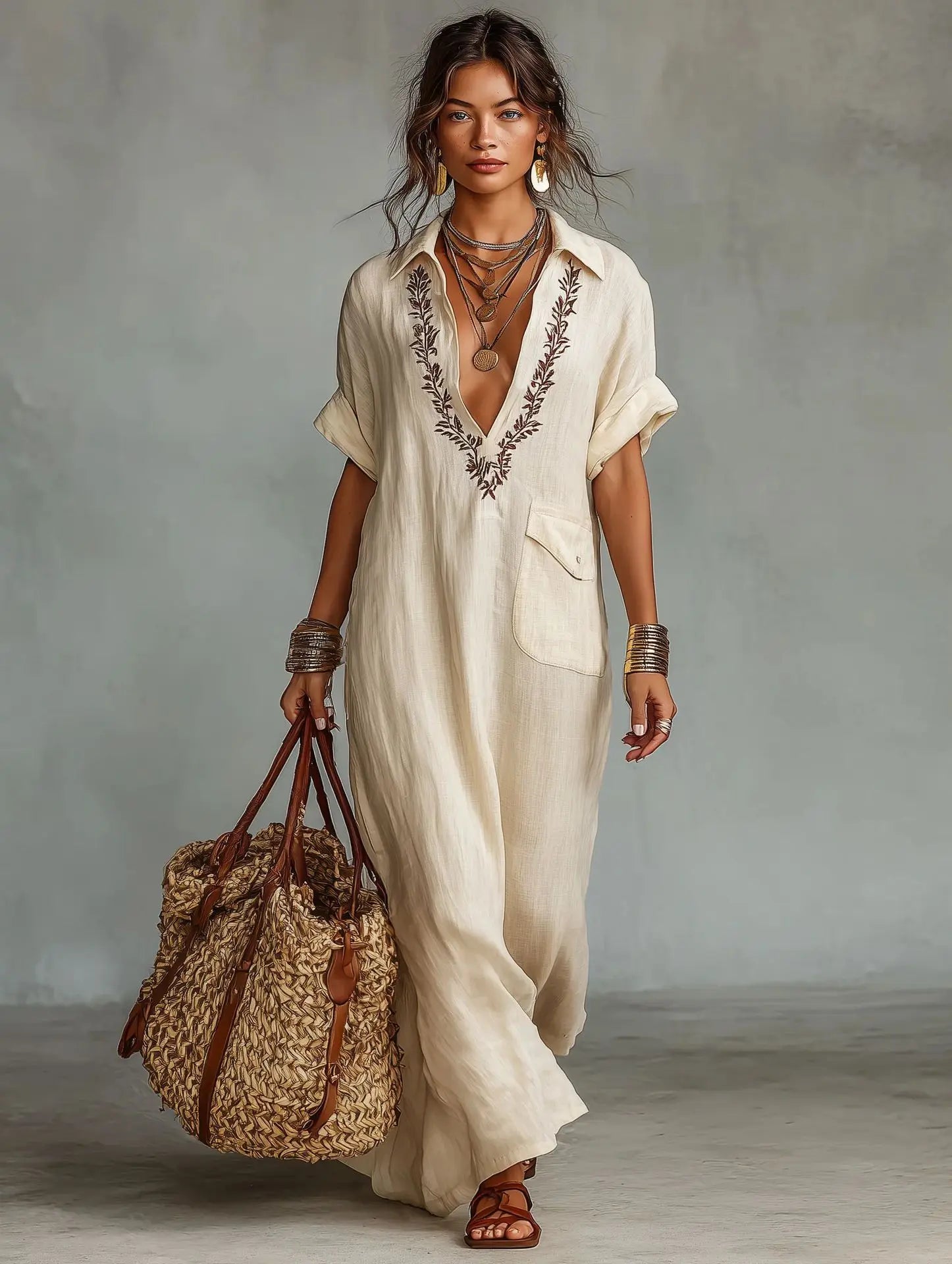 Abito lungo donna boho con ricamo al collo e tasche