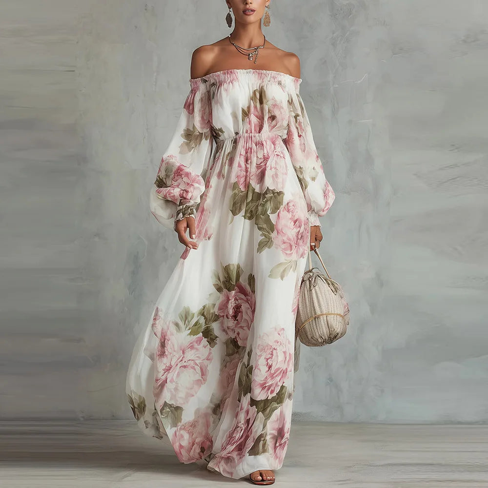 Abito maxi donna floreale con spalle scoperte