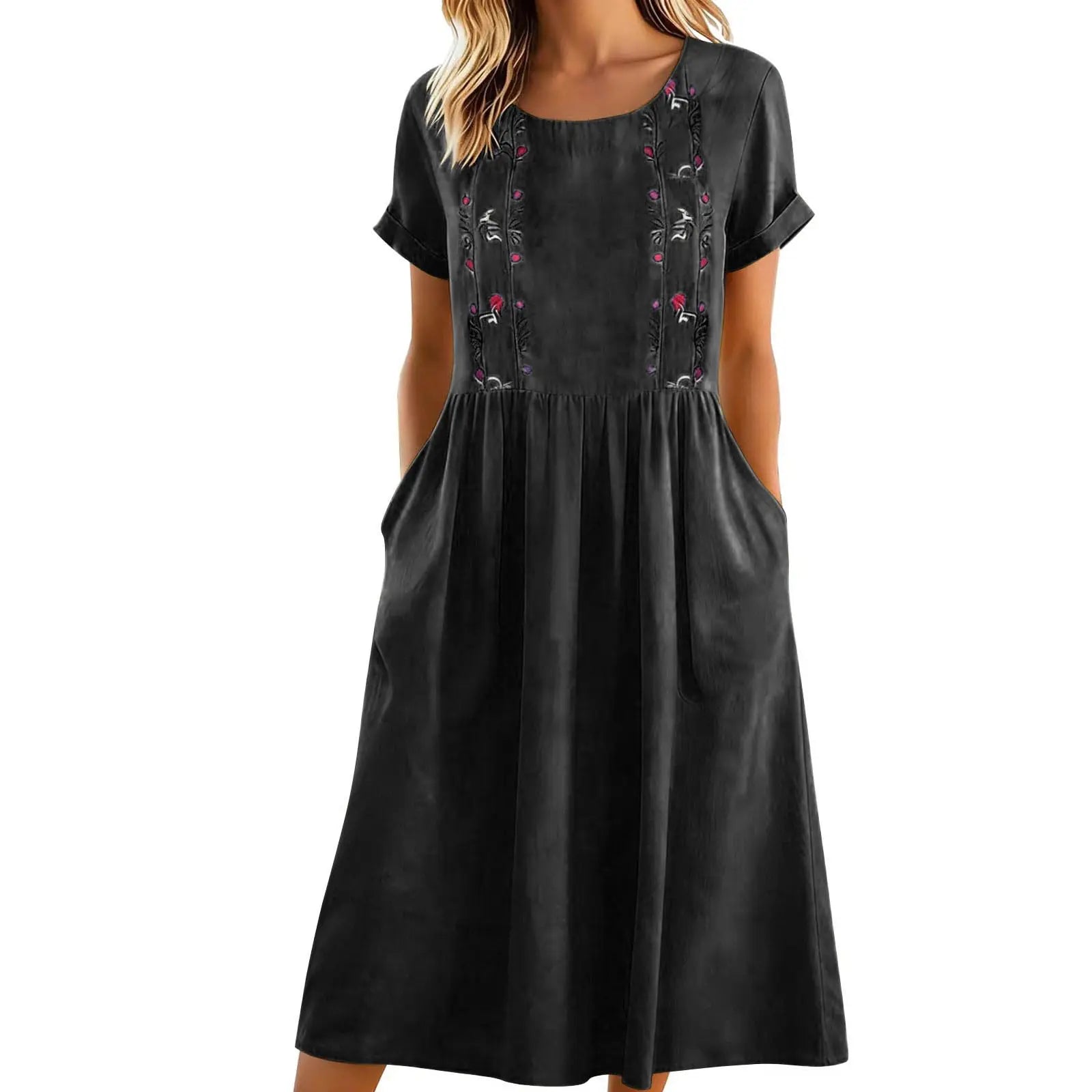 Abito midi donna con ricamo floreale e tasche laterali