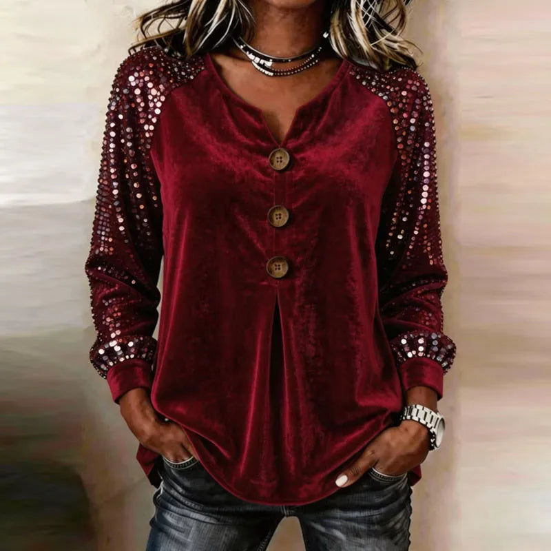 Top donna effetto velluto con paillettes e bottoni decorativi