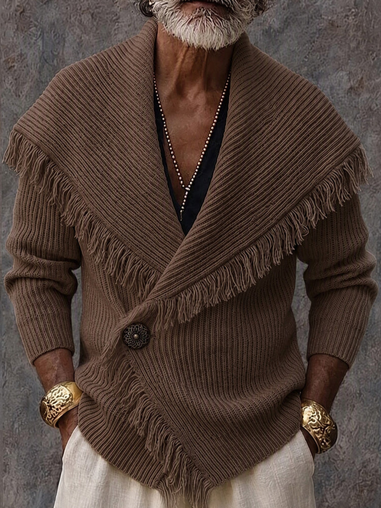 Cardigan uomo con collo a scialle, frange e chiusura a bottone