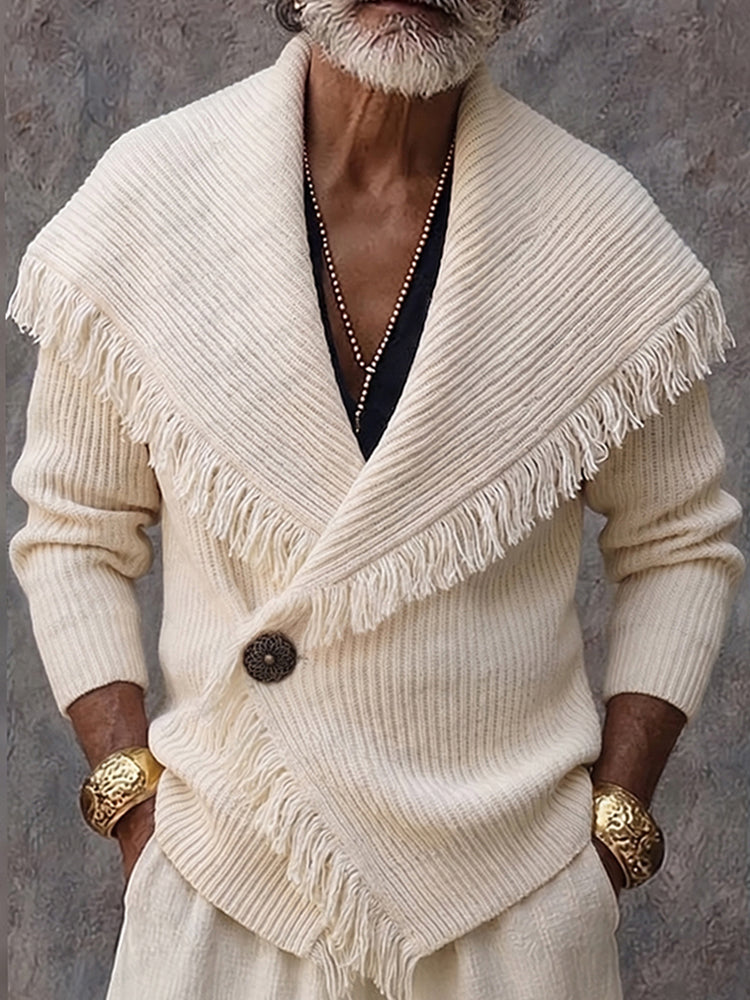 Cardigan uomo con collo a scialle, frange e chiusura a bottone