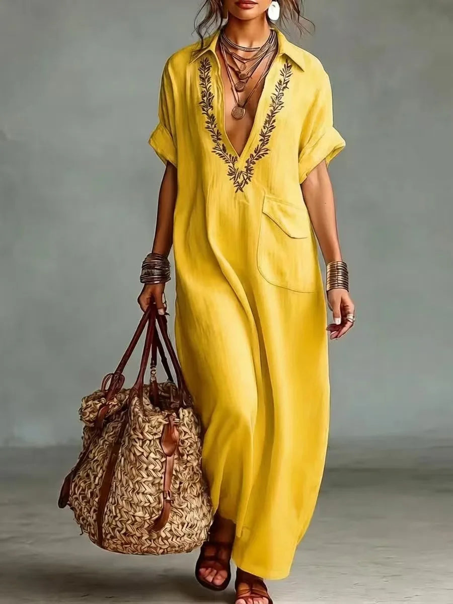 Abito lungo donna boho con ricamo al collo e tasche