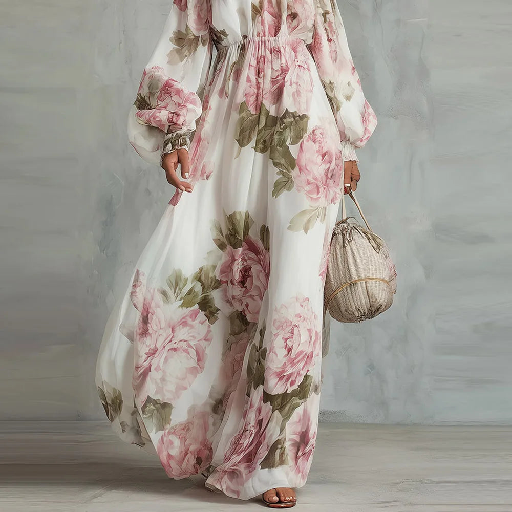 Abito maxi donna floreale con spalle scoperte