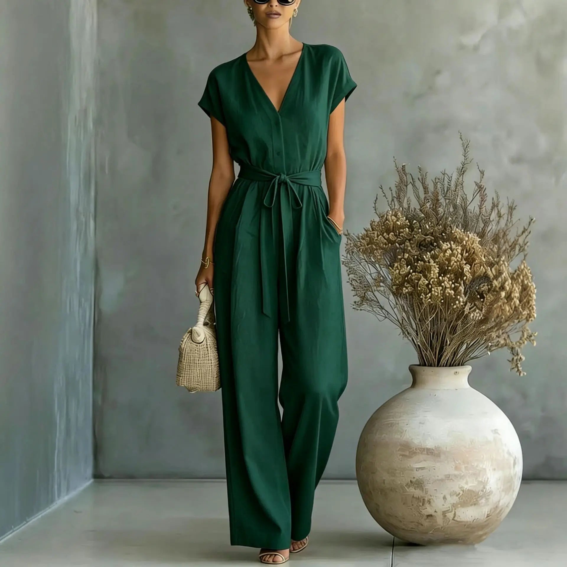 Tuta donna elegante con scollo a V e cintura