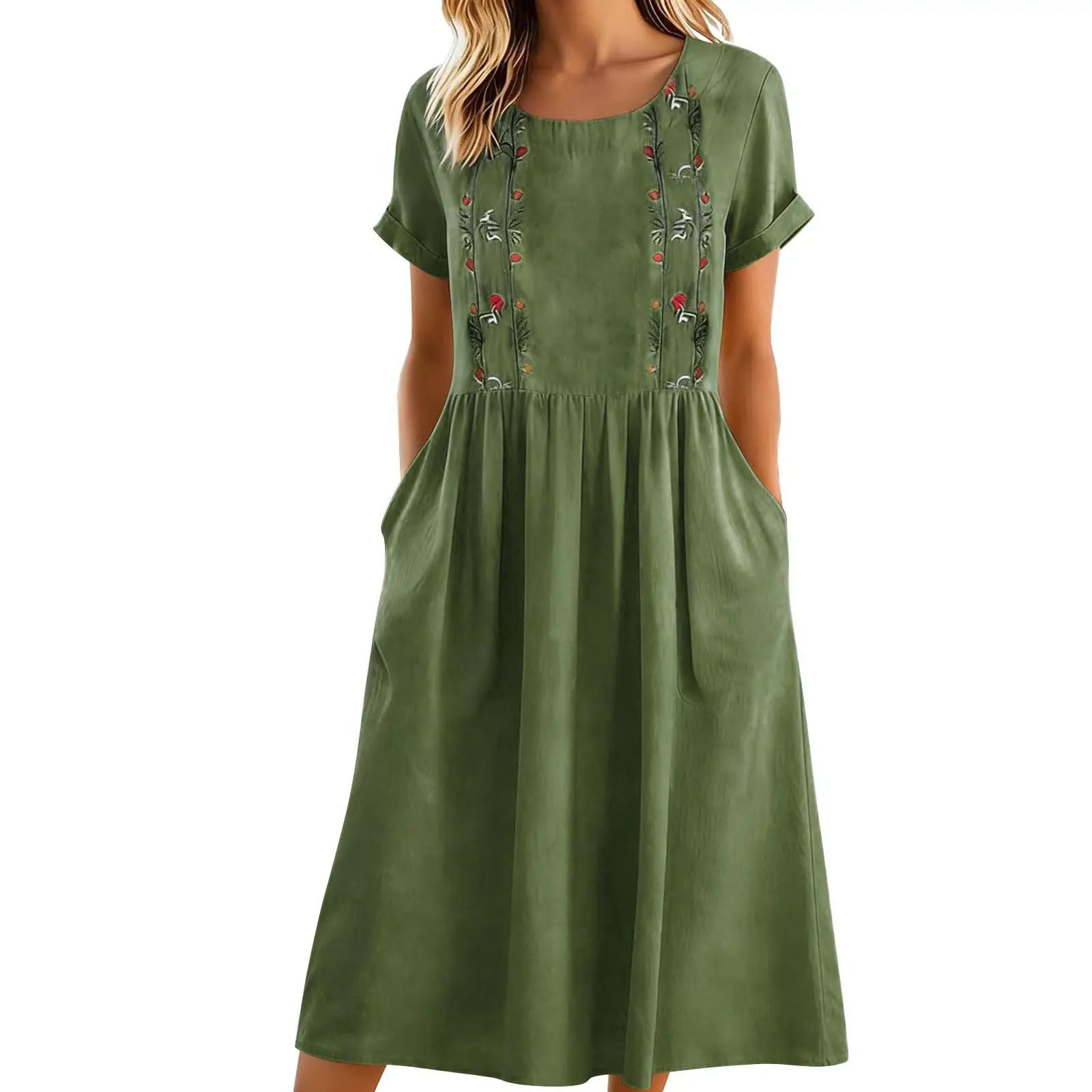 Abito midi donna con ricamo floreale e tasche laterali