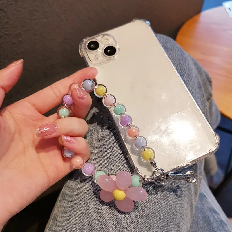 Laccetto telefono donna con perline macaron e fiore