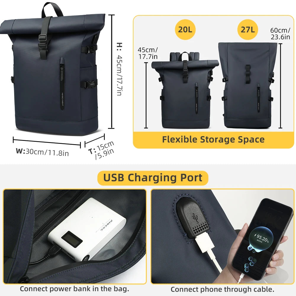 Zaino business uomo roll-top con porta USB e laptop 15.6"
