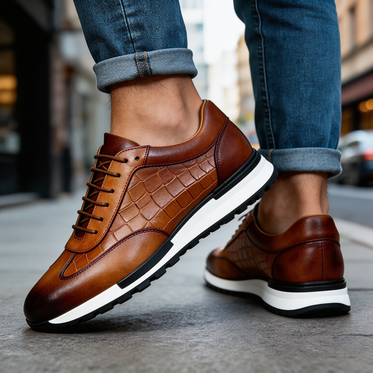 Sneakers uomo in pelle con texture effetto coccodrillo