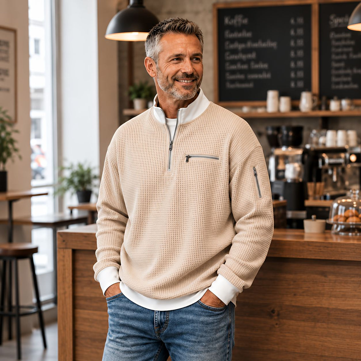 Maglione uomo waffle con mezza zip e tasche con cerniera