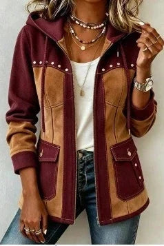 Giacca donna bicolore con cappuccio zip e tasche applicate