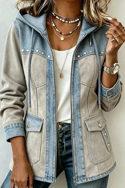 Giacca donna bicolore con cappuccio zip e tasche applicate