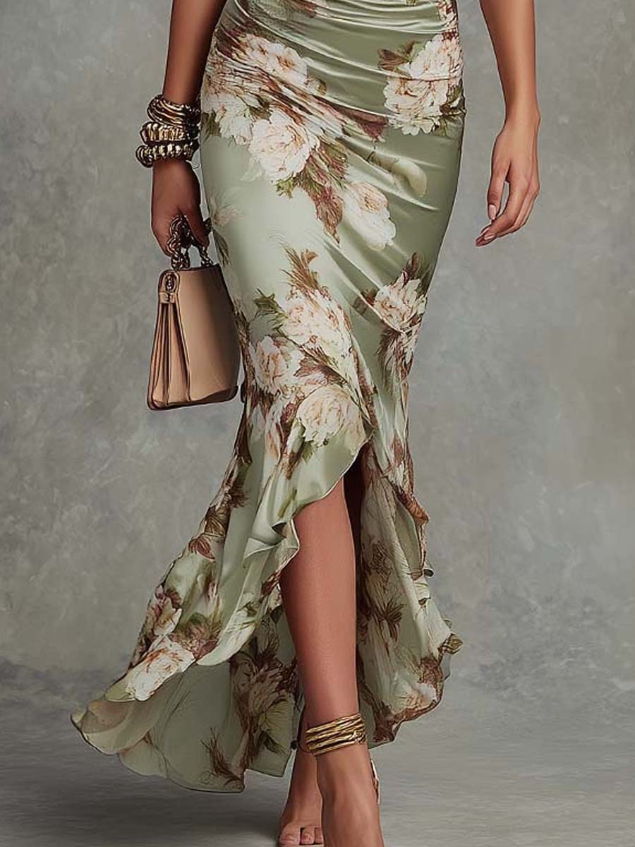 Abito lungo donna in satin floreale con scollo a V