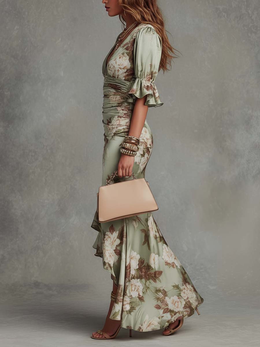 Abito lungo donna in satin floreale con scollo a V
