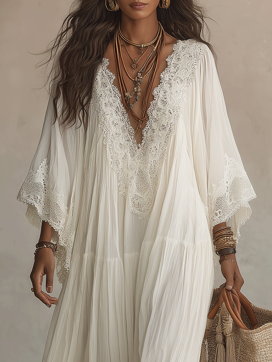 Abito lungo donna bianco bohemien con pizzo e scollo a V